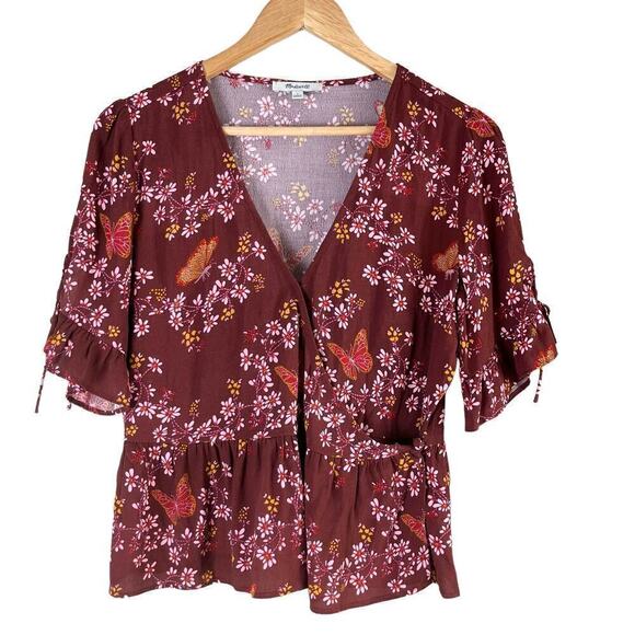 Madewell Tie-Sleeve‎ Wrap Top in Maroon Floral Butterfly Sanctuary Print, Size 2 - Picture 2 of 15